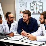 **

"Diverse team collaborating around a table, brainstorming ideas, communicating effectively, whiteboard with diagrams, showcasing different backgrounds (scientists, engineers, social scientists), emphasizing trust and respect."

**