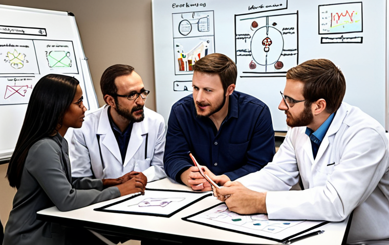 **

"Diverse team collaborating around a table, brainstorming ideas, communicating effectively, whiteboard with diagrams, showcasing different backgrounds (scientists, engineers, social scientists), emphasizing trust and respect."

**