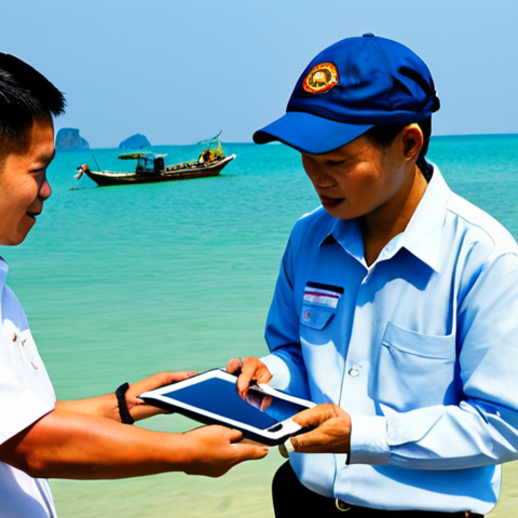 A diverse group of Thai professionals and local community members engaging in a collaborative environmental research project near a coastal area in Thailand. A female Thai marine scientist, fully clothed in modest professional attire, is discussing data on a digital tablet with a male Thai fisherman, fully clothed in appropriate local attire. In the background, a young male Thai tech specialist, wearing professional casual clothing, is overseeing a drone for environmental monitoring over a clean, vibrant Thai coastal landscape with traditional fishing boats in the distance. The scene is bright and optimistic, showcasing successful cross-disciplinary cooperation. safe for work, appropriate content, fully clothed, professional, perfect anatomy, correct proportions, natural pose, well-formed hands, proper finger count, natural body proportions, high-quality, ultra-realistic, detailed.