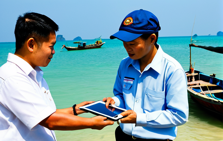 A diverse group of Thai professionals and local community members engaging in a collaborative environmental research project near a coastal area in Thailand. A female Thai marine scientist, fully clothed in modest professional attire, is discussing data on a digital tablet with a male Thai fisherman, fully clothed in appropriate local attire. In the background, a young male Thai tech specialist, wearing professional casual clothing, is overseeing a drone for environmental monitoring over a clean, vibrant Thai coastal landscape with traditional fishing boats in the distance. The scene is bright and optimistic, showcasing successful cross-disciplinary cooperation. safe for work, appropriate content, fully clothed, professional, perfect anatomy, correct proportions, natural pose, well-formed hands, proper finger count, natural body proportions, high-quality, ultra-realistic, detailed.