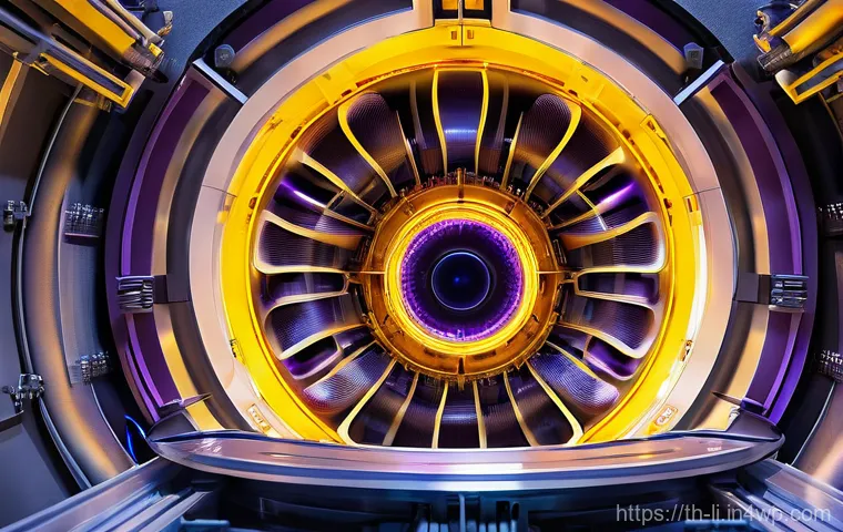 융합 연구의 실험 설계 방법 - **A highly detailed, wide-angle shot of the interior of a futuristic fusion reactor, specifically a ...