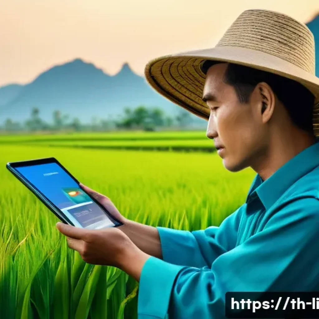 융합 연구와 기술 융합 사례 - A modern Thai agricultural farm featuring smart IoT technology: lush green rice paddies with visible...