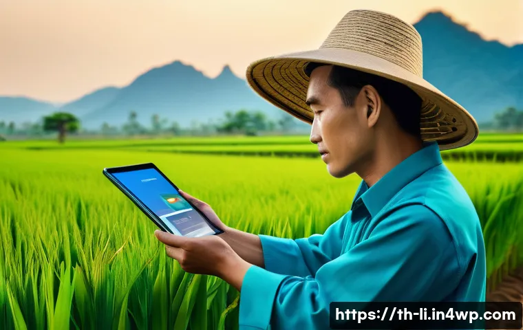 융합 연구와 기술 융합 사례 - A modern Thai agricultural farm featuring smart IoT technology: lush green rice paddies with visible...