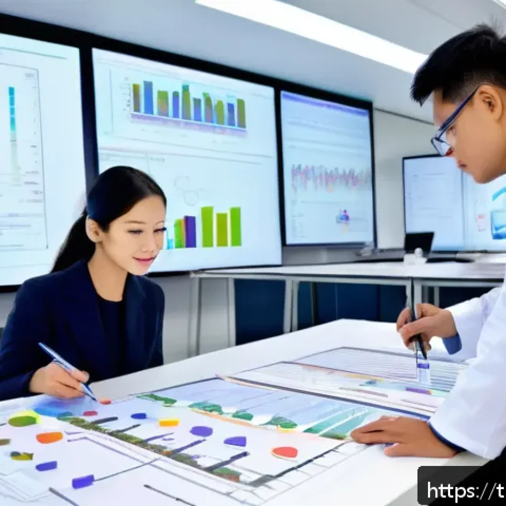 융합 연구와 학제 간 협력 - A vibrant modern interdisciplinary research lab bustling with activity, featuring diverse profession...