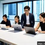 Home 20 융합 연구의 인재 양성 전략 - A modern corporate training workshop scene in a bright, spacious office in Bangkok, Thailand, showin...