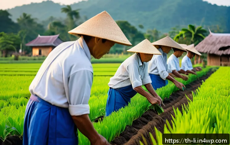 융합 연구의 정책적 제안 - A high-tech sustainable agriculture scene in rural Thailand during golden hour, showcasing local far...